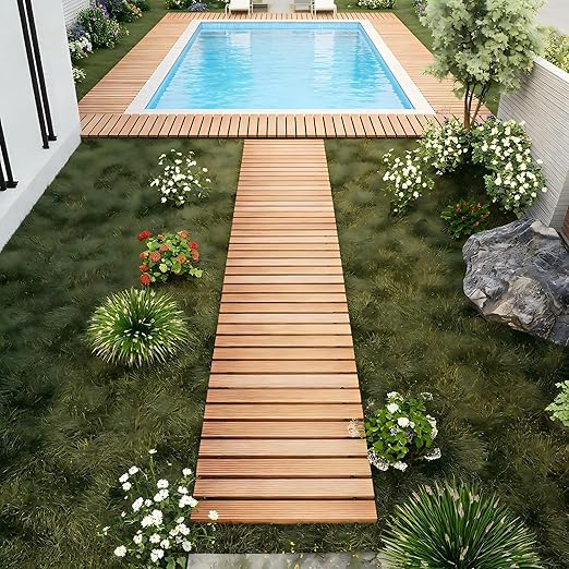 12FT Straight Wooden Garden Pathway Walkway Outdoor Roll Out Decorative Garden Non-Slip Patio Path Decorative Boardwalk Outdoor Road Floor for Backyard Beach Wedding Party