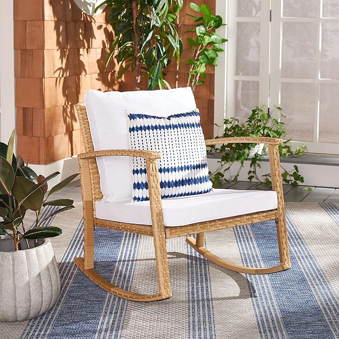 SAFAVIEH Outdoor Collection Daire Woven Natural/White Cushion Rocking Chair for Patio Porch Backyard Sunroom