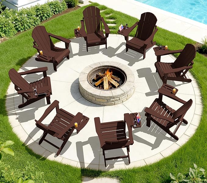 SERWALL Folding Adirondack Chair for Outdoor, Paito Adirondack Chairs with 4 in 1 Cup Holder, All-Weather Patio Chairs with Wood Texture, Fire Pit Chairs for Deck Porch Garden Poolside -Coffee