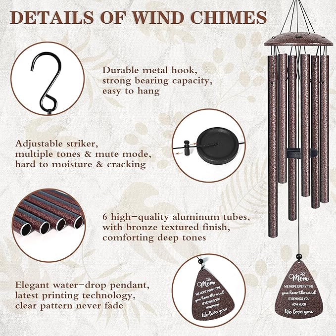 Gifts for Mom, 32" Bronze Wind Chimes, Mom's Birthday Gifts from Daughter Son, Mother in Law Gift, Best Mom Ever Gift for Birthday Christmas Mother's Day, Home Decor
