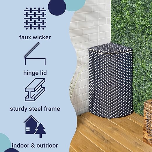 happimess HPM1200B Chloe 15.56-Gallon All-Weather Wicker/Metal Corner Hideaway Outdoor Trash Can, Navy/White, Classic, Coastal, Casual Wastebin for Backyard, Patio, Porch, Kitchen