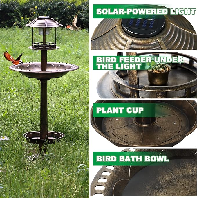 Bird Bath with Solar Light&Feeder& Planter Pedestal,Copper Bird Baths for Outdoors Garden,Yard,Patio,Lawn(41in High)