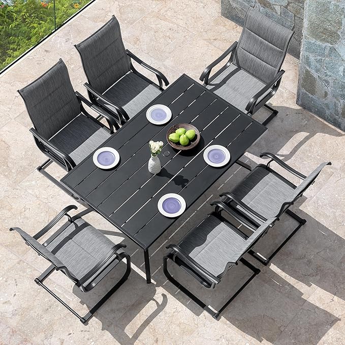 NUU GARDEN 7 Piece Outdoor Dining Set, 6 All Weather Padded Textilene Patio Chairs and 61" Rectangular Dining Table with 1.57" Umbrella Hole, for Patio, Garden, Light Grey and Black
