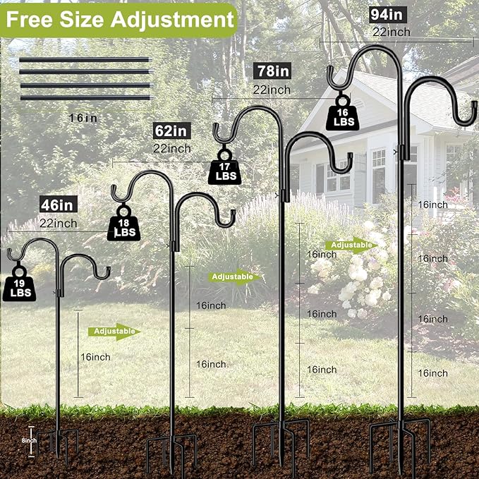 Double Shepherds Hook for Outdoor,94 Inch Bird Feeder Pole with 5 Prongs Base, Heavy Duty Adjustable Garden Hook for Hanging Plant, Solar Light, Lantern, Weddings Decor, Hummingbird Feeder(1 Pack)