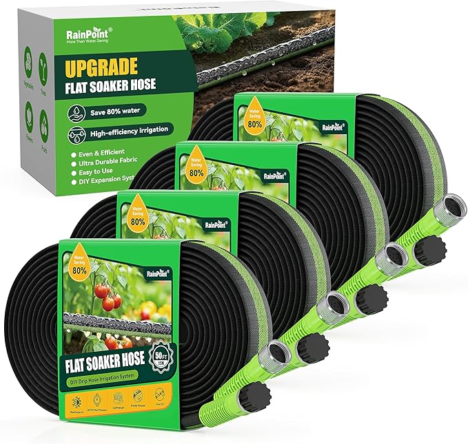 RAINPOINT Flat Soaker Hose 200FT, 80% Water-Saving Drip Irrigation Hose for Garden, Leakproof and Flexible with Anodized Aluminum Ends, Double Layer Soaking Hoses, Green(50FT X 4Pack)