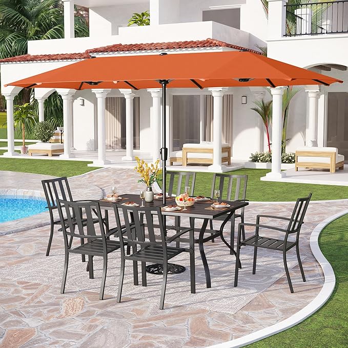 PHI VILLA 7 Piece Patio Dining Set with Umbrella, 60” Rectangular Metal Dining Table & 6 Stackable Metal Chairs & 13ft Large Red Umbrella for Outdoor, Deck, Yard, Porch