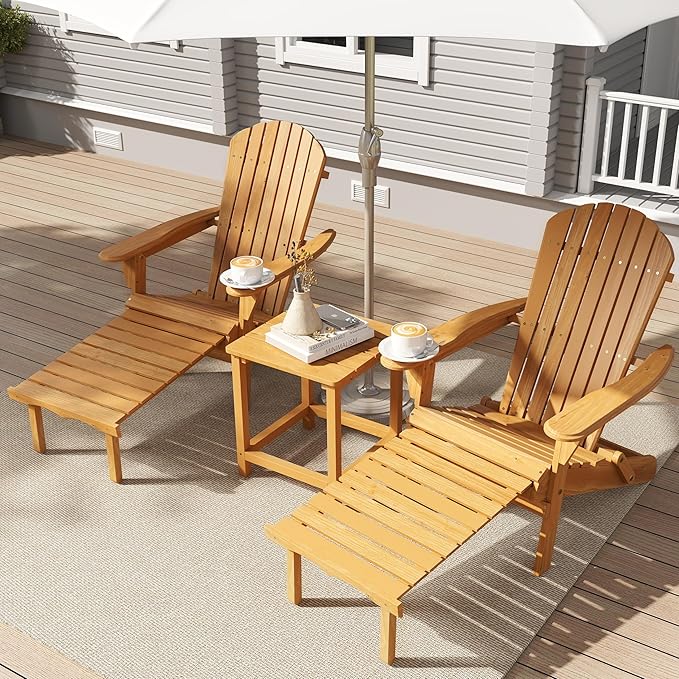 Set of 2 Outdoor Wooden Folding Adirondack Chair with Retractable Ottoman, Wood Patio Chair with Footrest for Garden Backyard Porch Pool Deck Firepit