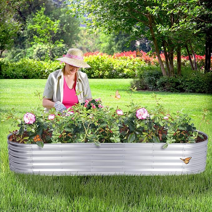 Aoodor Galvanized Raised Garden Bed Kit, 6.9 x 2 x 1 Ft, Oval Planter Box for Vegetables, Flowers, and Herbs, Outdoor Use, Silver
