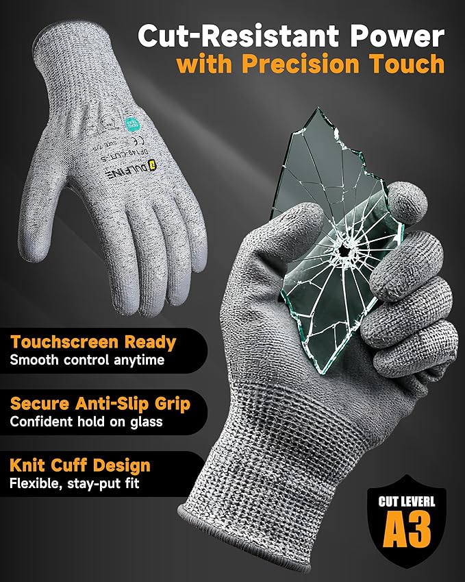 DULFINE ANSI A3 Cut Resistant Work Gloves for Men, 6 Pairs Pack PU Coated,Ideal for Wood working, Glass Cutting, Construction, Cargo Handling, Car Repair(Small)