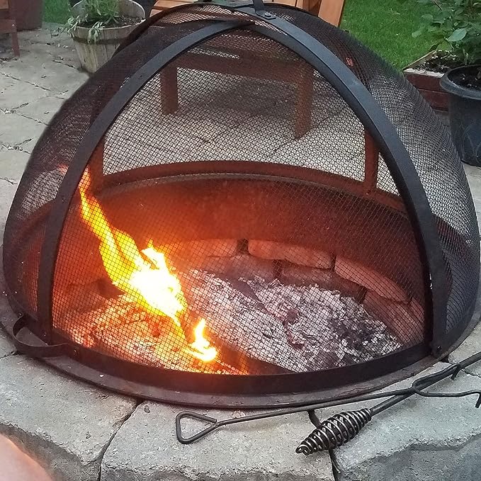 Sunnydaze Round Fire Pit Spark Screen Cover - Easy-Opening Outdoor Fire Pit Screen - Heavy‑Duty Steel Metal Mesh - 32" Diameter