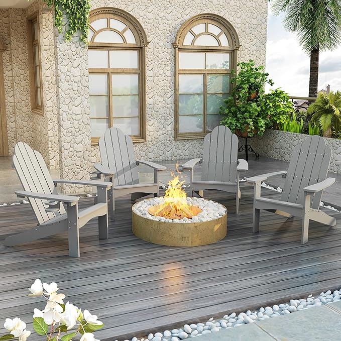 LUE BONA HDPS Adirondack Chairs, Fire Pit Outdoor Chair Weather Resistant with Cup Holder, Modern Plastic Chair Plastic for Patio, Deck, Proch, 350LBS, Gray
