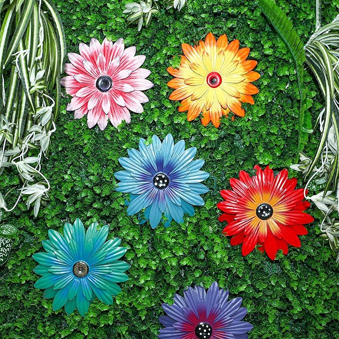 Zhehao 6 Pcs Metal Flower Wall Art Decor 8 Inch Sunflower Wall Decorations Hanging Outdoor Art Multicolored Handmade Metal Flowers Outdoor Decor(Cute Color)