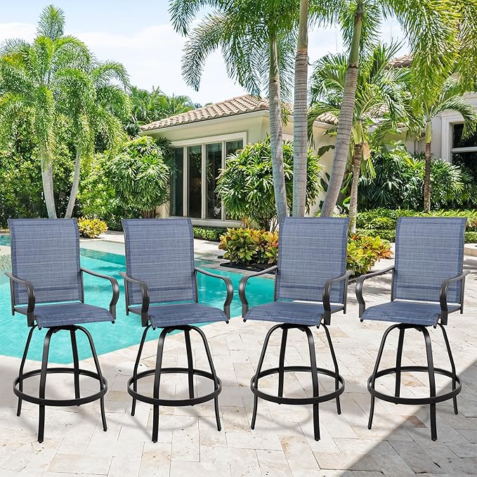 Vongrasig 4 Piece Patio Swivel Bar Chairs, All Weather Metal Textile High Swivel Bar Stools Chairs, Outdoor High Top Bistro Set for Backyard, Lawn Garden, Balcony, Denim Blue