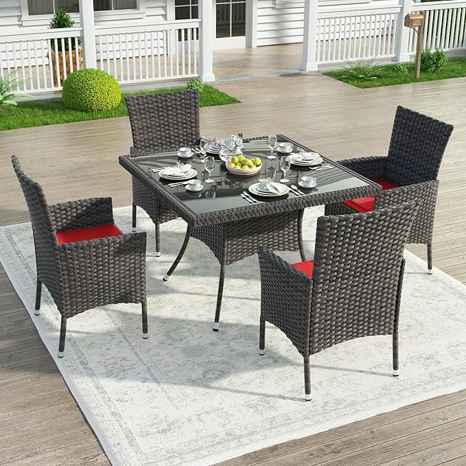Kullavik 5-Piece Outdoor Dining Set Patio Rattan Furniture Set,Patio Dining Table and Chairs Set with 4 Chairs and Cushions,Square Glass Tabletop with Umbrella Hole for Patio,Red