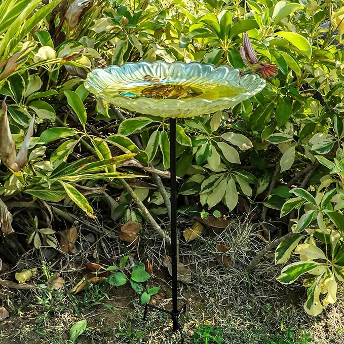 Bird Baths for Outdoors, Glass Birdbaths Outdoor Garden Birdfeeder with Metal Stake for Lawn Yard Decor, 24 Inch Height, Yellow