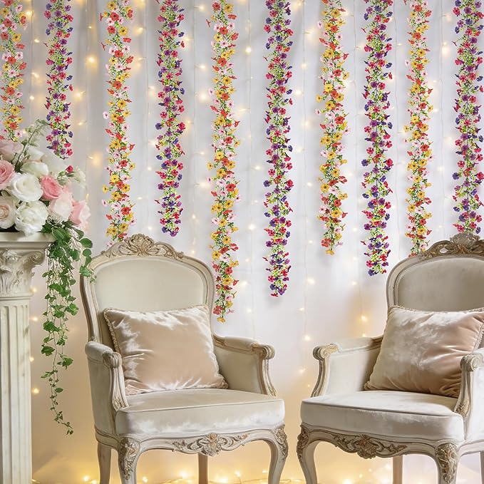 Artificial Flowers Garland Ivy, 4 Pack 5.9 FT Spring Summer Decor UV Resistant Fake Mums Floral Vine Silk Daisy Hanging Flower for Home Garden Wedding Decor Photo Booth Backdrop(Mix)