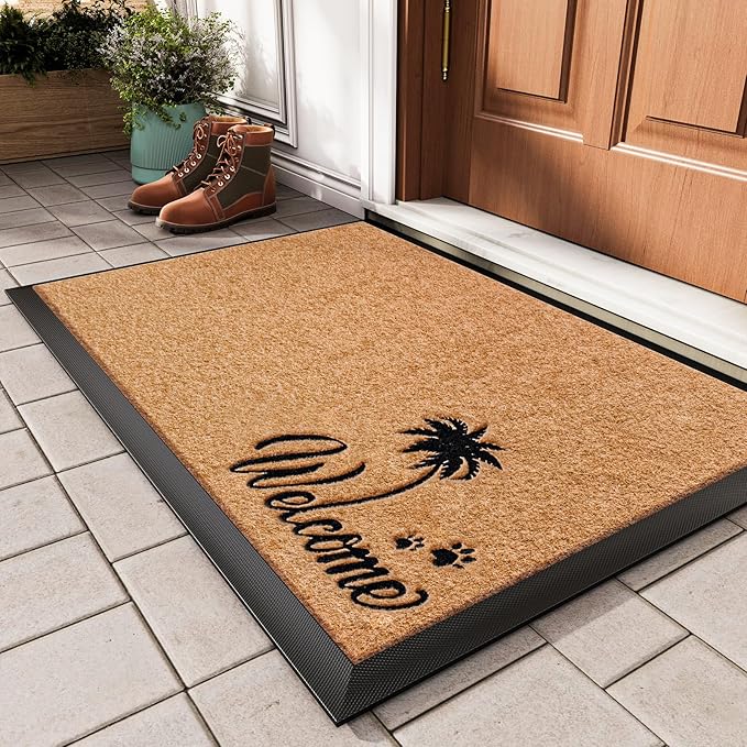 Dirt Trapping Welcome Door Mats, 17x30 Durable Non-Slip Indoor Door Mat Outside Entrance, Low Profile Easy Clean Outdoor Doormat for Patio Porch Front Indoor Entryway, Brown