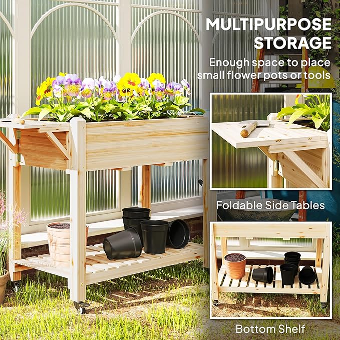 Outsunny Raised Garden Bed, 57 x 20.5 x 34 in Wood Elevated Planter Box with Lockable Wheels, Side Tables and Bottom Shelf, Outdoor Raised Planter with Bed Liner and Drainage Holes, Natural