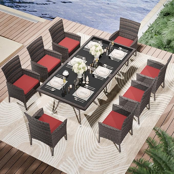 Kullavik 10-Piece Outdoor Dining Set Patio Rattan Furniture Set,Patio Dining Table and Chairs Set with 8 Chairs and Cushions,Square Glass Tabletop with Umbrella Hole for Patio,Red