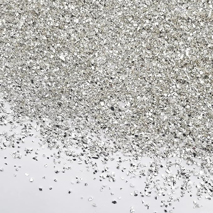1 lb Crushed Glass Glitter for Crafts, DIY Nail Art, Vase fillers for Centerpieces Table Scatter, Irregular Chips, Wedding Decoration, Home Decor (Silver)