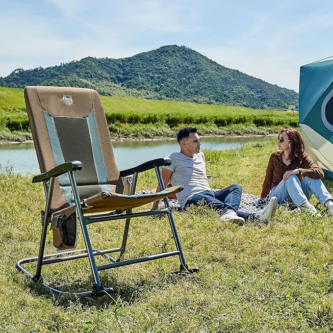 TIMBER RIDGE Outdoor Folding Rocking Chair, 29" Padded High Back Neck & Back Support, Hard Armrests for Easy Stand Up, Stable Steel Frame Supports 300 lb, Quick Fold for Patio, Lawn & RV Camping,Brown
