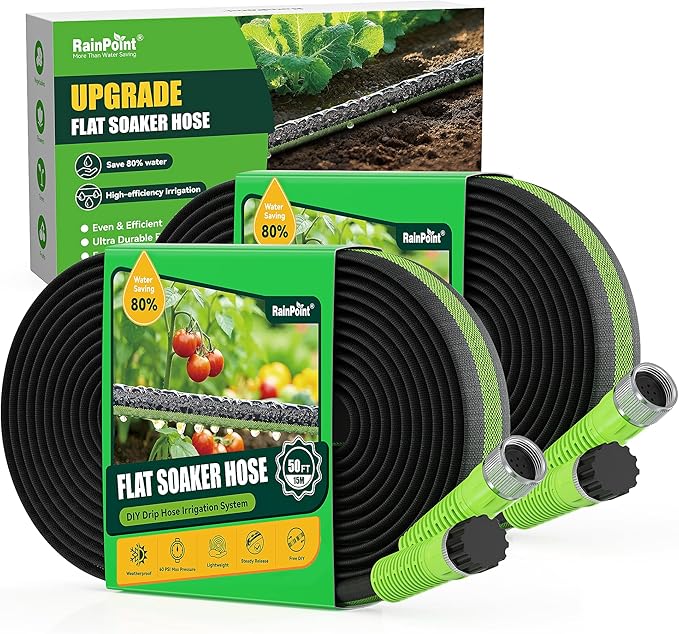 RAINPOINT Flat Soaker Hose 100FT for Garden, Drip Hose with Anodized Aircraft Aluminum Ends, Flexible Leakproof and Save 80% Water Garden Irrigation Hose, Green (50FT X 2Pack)