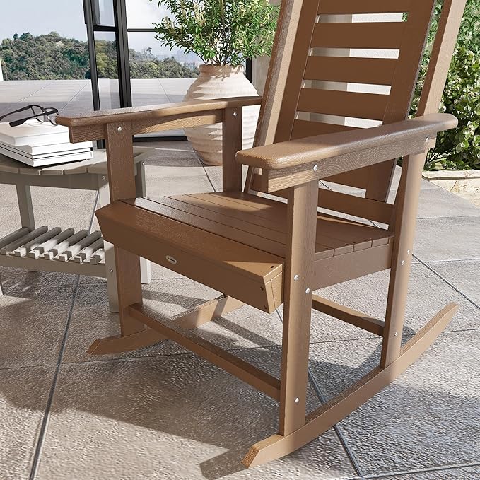 Outsunny Outdoor Rocking Chairs Set of 2, HDPE Patio Rocking Chairs with 28" High Back and Wide Armrests, All-Weather Slatted Porch Rockers for Garden, Balcony, Fire Pit, Brown