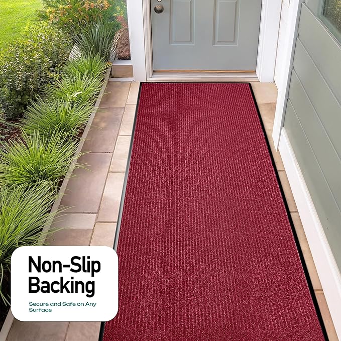 LuxUrux Striped Red Door Mat - Heavy Duty, Indoor/Outdoor, Easy Clean, Waterproof, Low-Profile (4 x 10 Feet) - Ideal for Entry, Patio, Garage - Durable Solution for High Traffic Entrance Ways