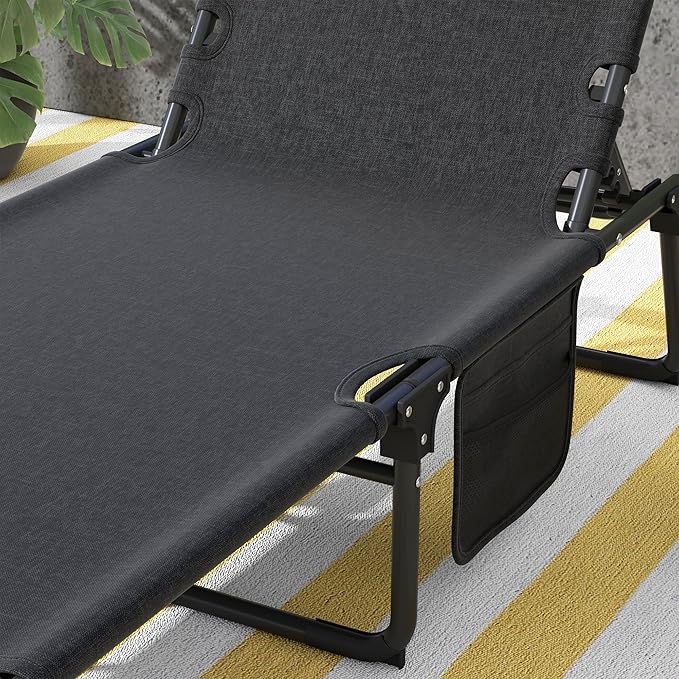 Outsunny Outdoor Chaise Lounge Chair with Removable Cushion and Headrest Pillow, Folding Sun Lounger with Magazine Pocket, 4-Position Backrest, Sun Bathing Chair for Patio, Beach, Gray