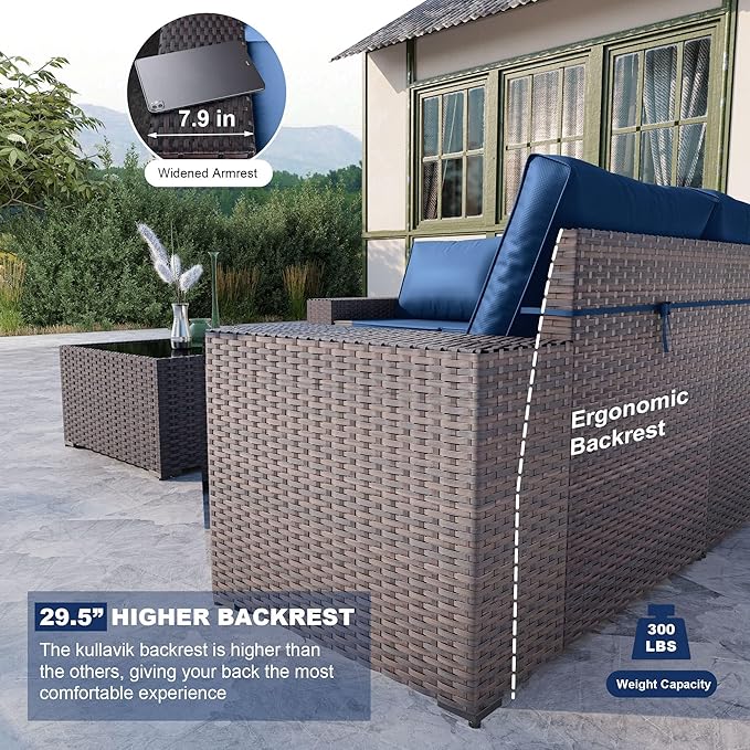 Kullavik 9 Pieces Outdoor Patio Furniture Set,PE Wicker Rattan Sectional Sofa Patio Conversation Sets with Tempered Glass Table,Swivel Rocking Chairs Set,Navy Blue