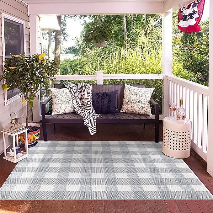 SEEKSEE Cotton Buffalo Plaid Rug 4'x6' Gray and White Checked Rug Washable Doormats Indoor Outdoor Rugs for Layered Front Door Mats, Porch, Kitchen, Farmhouse, Entryway