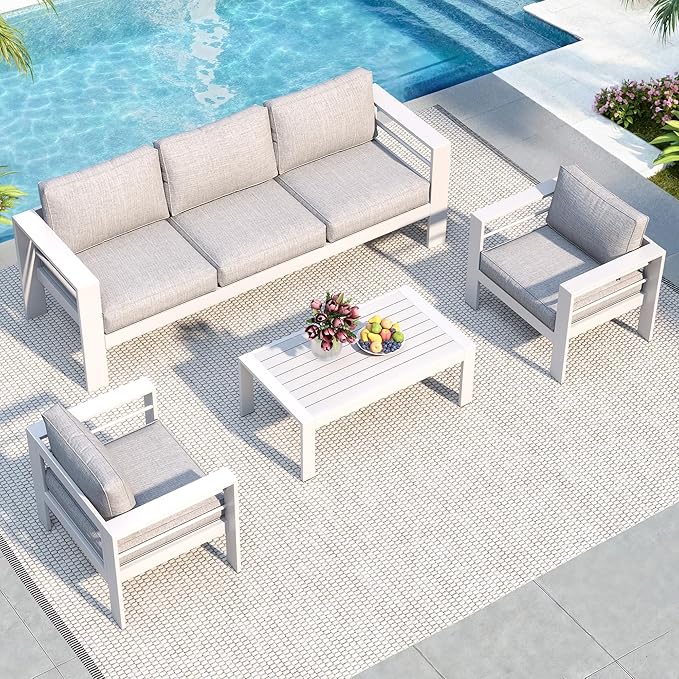Solaste Aluminum Patio Furniture Set for All Weather, Oversized Metal Outdoor Furniture Set with 27.5" Deep Seat and 3.2" Wide Armrest, Outdoor Patio Conversation Sets with 10" Back Cushion, White