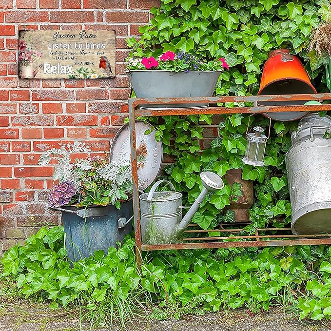 Vintage Garden Decor - Outdoor Wooden Gardening Sign - Funny Rules Listen to Birds - 16'x8'