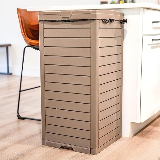 Sunnydaze 39-Gallon Patio Trash Can with Lid - Outdoor Garbage Can with Built-in Drip Tray - Weather-Resistant Resin - Light Gray