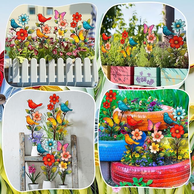 4 Pack Metal Flowers Outdoor Decor Spring Garden Stakes for Outside 15'' Decorative Colorful Flowers Birds Butterfly Yard Art Rust Proof Plant Sticks for Yard Lawn Pathway Patio Outside Walkway