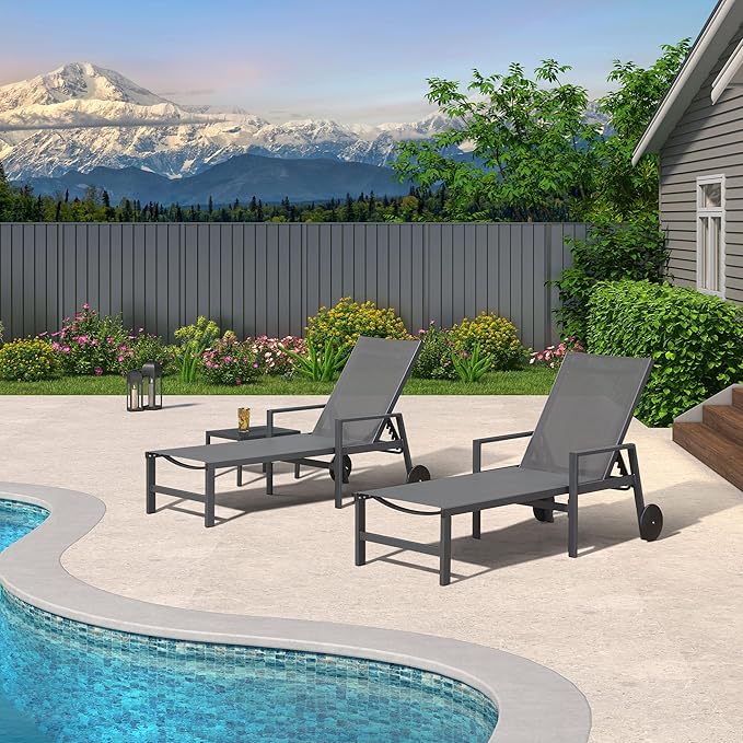 PURPLE LEAF 2 Pieces Outdoor Chaise Lounge Aluminum Patio Lounge Chair with Wheels and Armrests Outdoor Lounge Recliner Chair for Pool Backyard Beach Grey