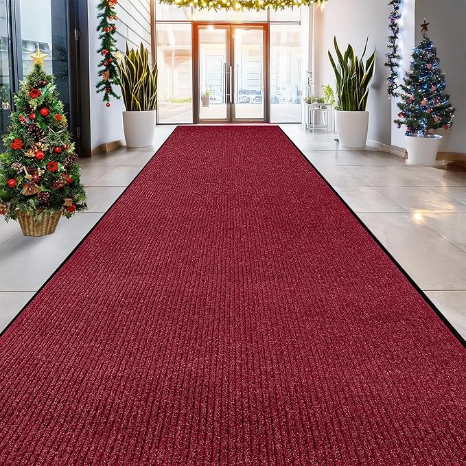 LuxUrux Striped Red Door Mat - Heavy Duty, Indoor/Outdoor, Easy Clean, Waterproof, Low-Profile (4 x 10 Feet) - Ideal for Entry, Patio, Garage - Durable Solution for High Traffic Entrance Ways