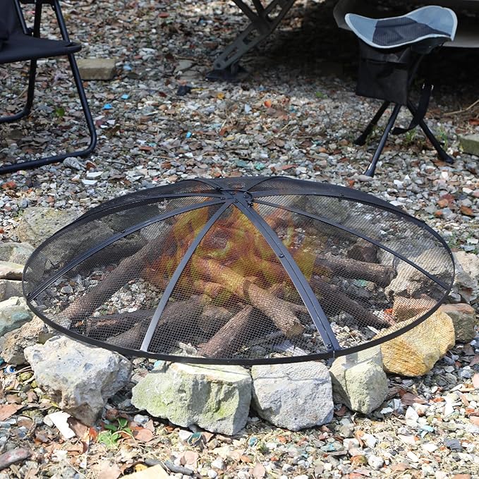 Lineslife Fire Pit Spark Screen 40 Inch Cover Round, Heavy Duty Collapsible Outdoor Fire Pit Mesh Screen, Metal Fire Pits Top Lid with Ring Handle for Patio Backyard, Black