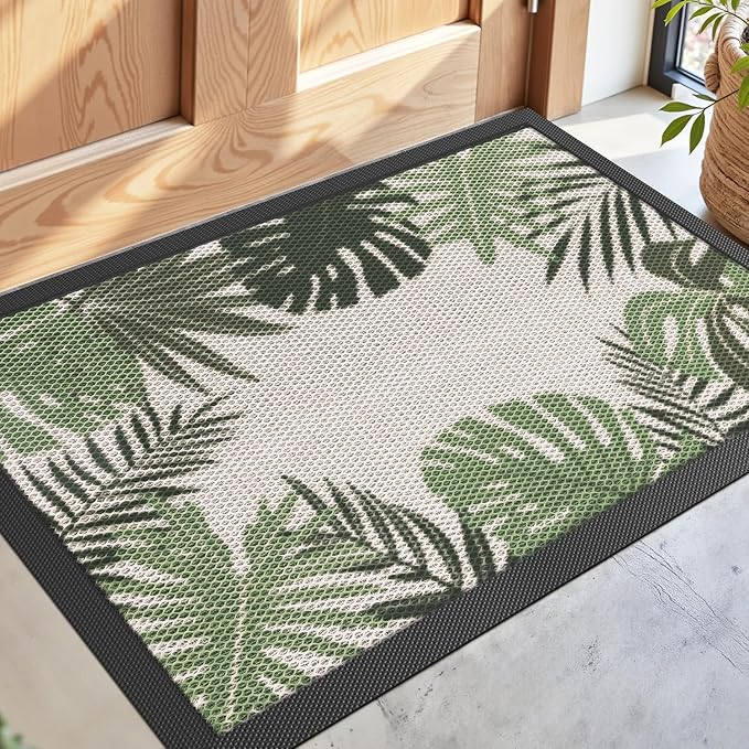 DEXI Front Door Mat Outside Entrance, 17x30 Summer Tropical Leaves Plant Doormat, Non Slip Dirt Resist Heavy Duty Entry Mats for Entryway, Olive Green