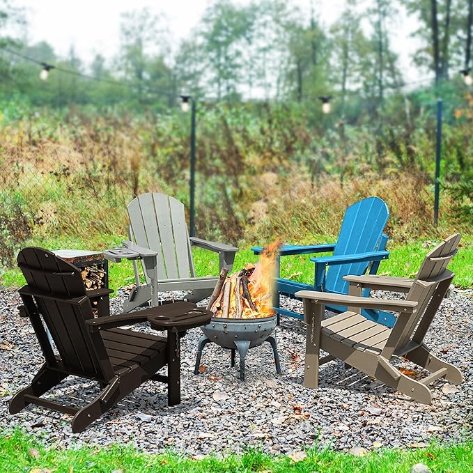 Adirondack Chair Set of 4, HDPE Folding Adirondack Chair with Multifunctional Cup Holder, Weather Resistant Fire Pit Chair for porches, patios, patios, poolsides, Decks.
