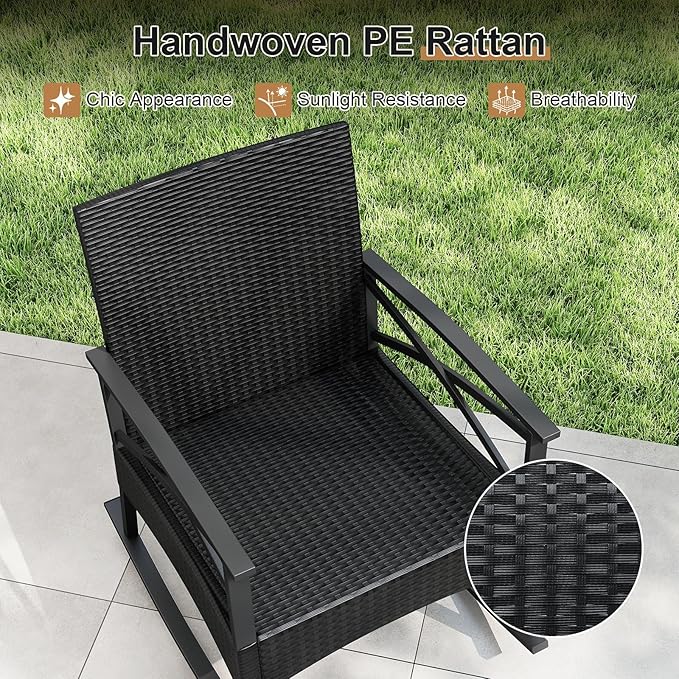 Tangkula 3 Pieces Outdoor Rocking Chairs Set, Rattan Heavy Duty Cushioned Rocker Chairs with 2-Tier Tempered Glass Coffee Table, for Garden, Balcony, Backyard (Black+Navy)