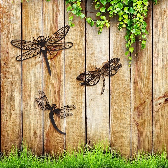 Moxweyeni 3 Pack Metal Dragonfly Wall Decor Outdoor Garden Fence Art 7.9/8.6/11.4 Inch Outside Wall Hanging Decorations for Living Room, Bedroom, Yard, Patio, Porch Dragonfly Gift