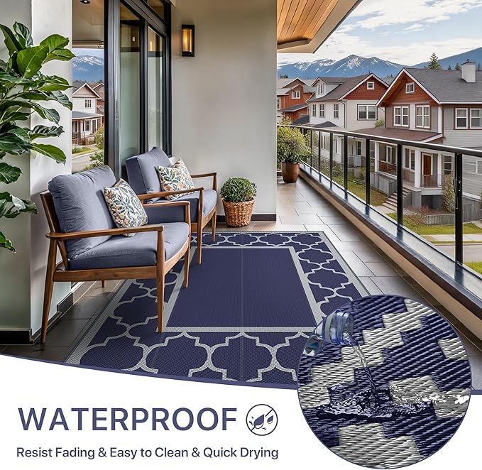 GENIMO Outdoor Rug 5' x 8' Patio Waterproof, Foldable Reversible Plastic Straw Area Rugs Mat for Camper Decor, Outside Carpet for Rv, Deck, Porch, Picnic, Beach, Balcony, Blue & Grey