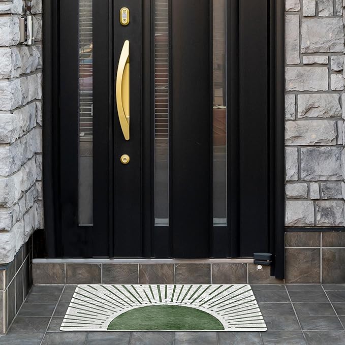 Nogrit Boho Green Sun Welcome Matt Doormat for Outdoor Entrance Front Door Mats Outdoor,Boho Door Mat Indoor Dusting Door Mats for Entryway, 17x30 inch