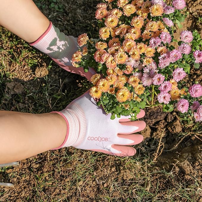 COOLJOB 6 Pairs Gardening Gloves for Women Ladies, Breathable Rubber Coated for Yard Garden, Outdoor Indoor Protective Work with Grip, Small Size, Blue & Pink