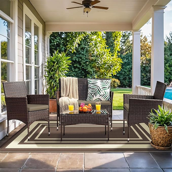 GENIMO 6' x 9' Outdoor Rug Waterproof for Patio Decor, Reversible Plastic Straw Area Rugs Mat for Camper, Outside Carpet for Rv, Deck, Porch, Picnic, Balcony, Mix-Coffee & Beige