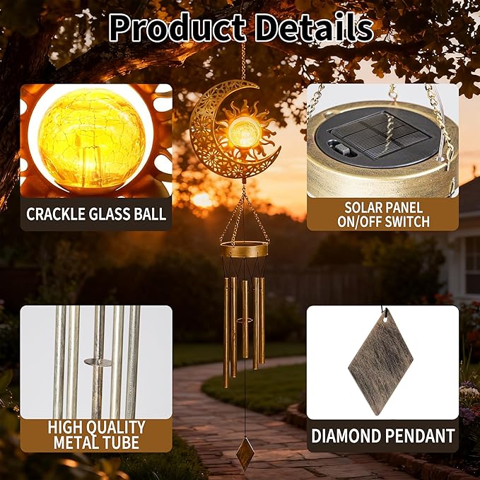 YAKii Sun Moon Solar Wind Chimes for Outside Lights Prefert Gifts for Mom Wife Unique Crackle Glass LED Warm Light Outdoor Hanging Decor Windchimes for Garden Yard Patio Christmas Birthday Mothers Day