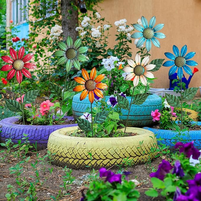 Metal Flowers for Outside,8 Pack 16.15" Decorative Garden Stakes with Swaying Flowers Head Yard Art,Spring Garden Decor for Lawn, Pathway & Garden