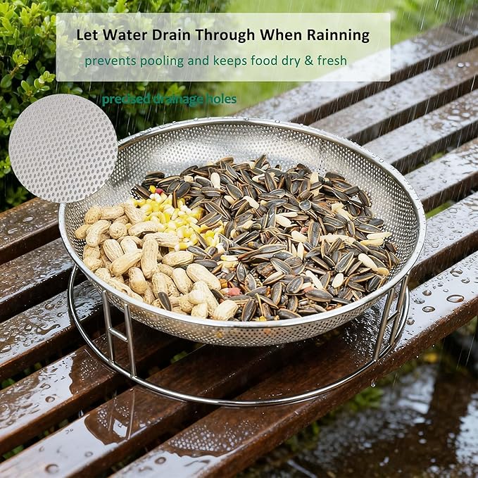 13-Inch Ground Bird Feeder, Stainless Steel Ground Feeding Platform for Wild Birds, Squirrels, Rabbits, Chicken with Additional Birdseed Feeder Tray, Attract Creatures for Backyard, Patio