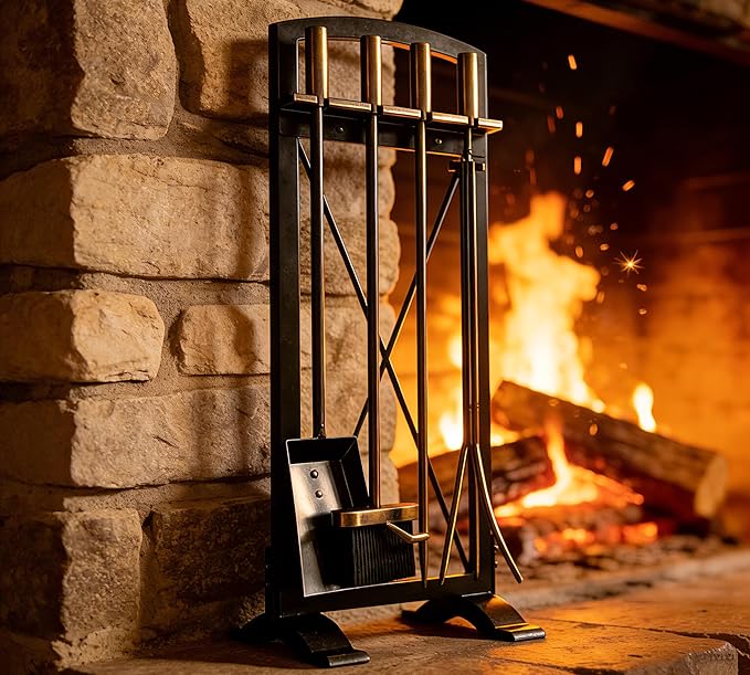 5 Pieces Wrouhgt Iron Fireplace Tools Set with Poker, Tongs, Shovel, Broom, Contemporary Design Fireplace Tools Set